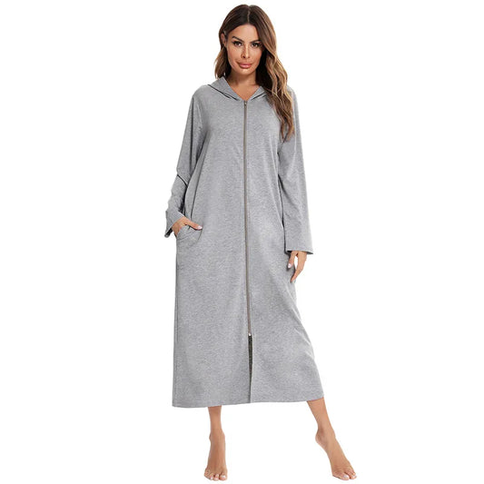 Long Bathrobe Women Hooded Long Sleeve Spring Ladies Dressing Gown Zipper Oversize Autumn Robe Solid Sleepwear For Female