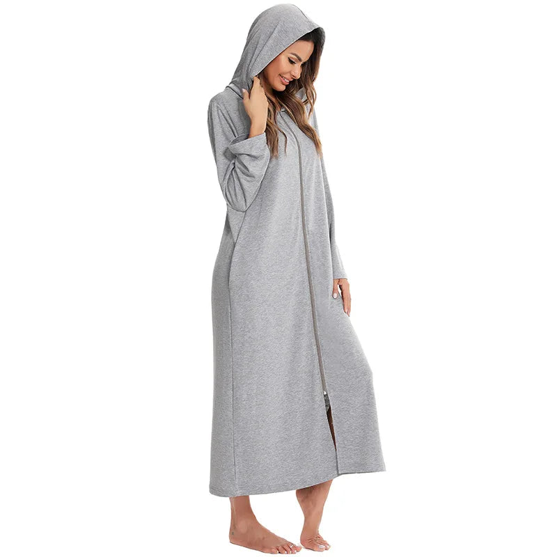Long Bathrobe Women Hooded Long Sleeve Spring Ladies Dressing Gown Zipper Oversize Autumn Robe Solid Sleepwear For Female